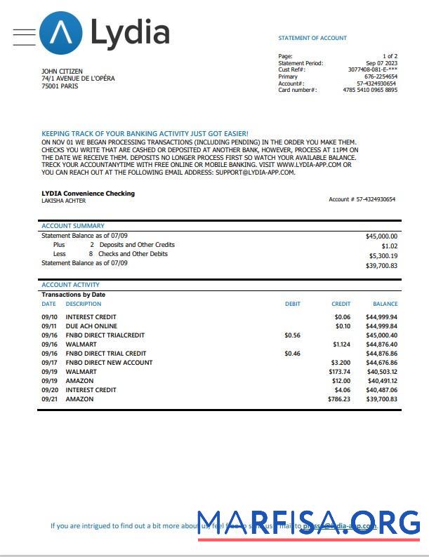 Printable France Lydia Noir bank statement word sample